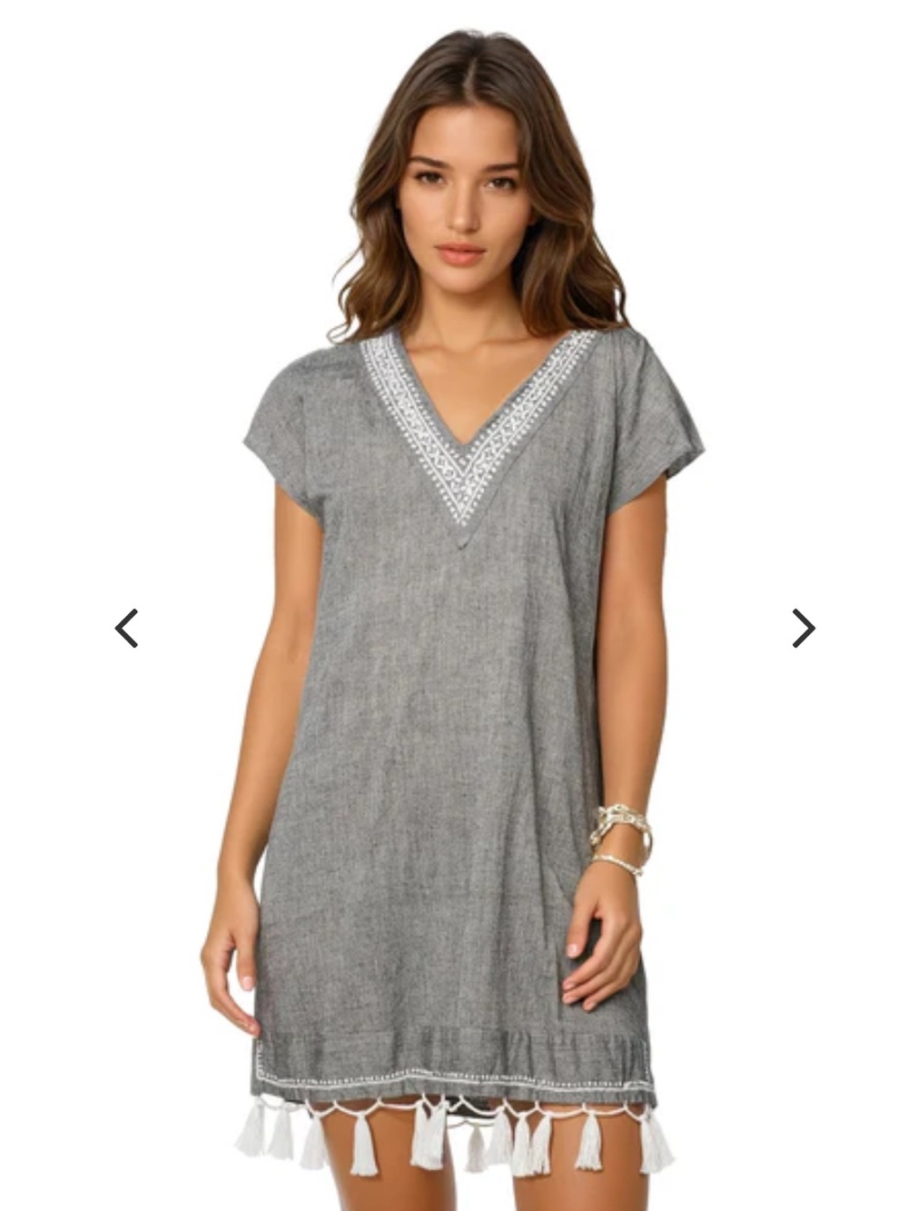 Subtle Luxury Gray and White Fringe Tassel Embroidery Cotton Dress Size L/XL